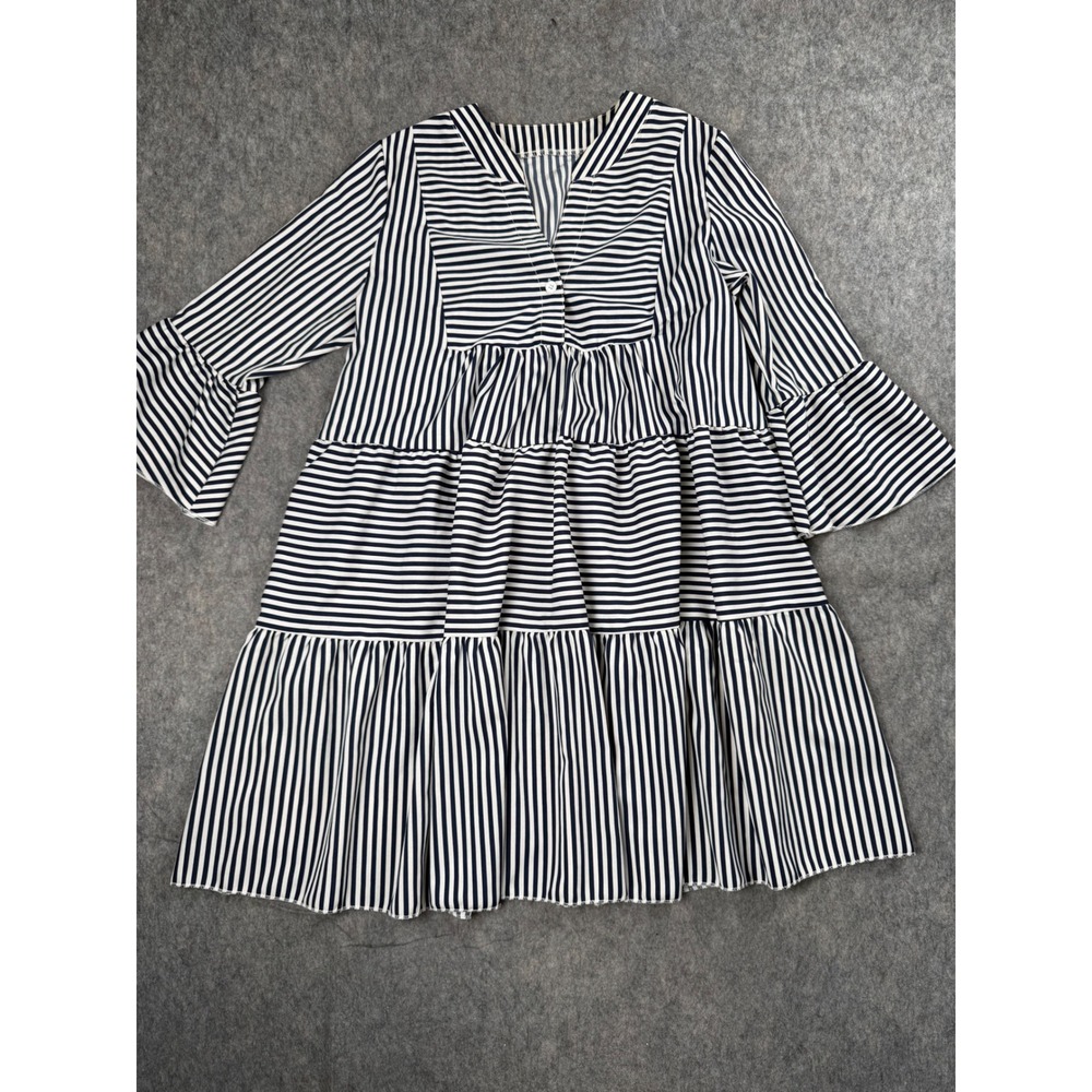 SHEIN Tunic Dress Womens L Blue White Stripe Tiered Bell Sleeve Coastal Preppy